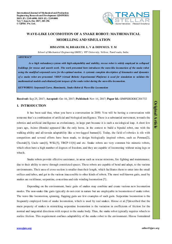 (PDF) WAVE-LIKE LOCOMOTION OF A SNAKE ROBOT: MATHEMATICAL MODELLING AND ...