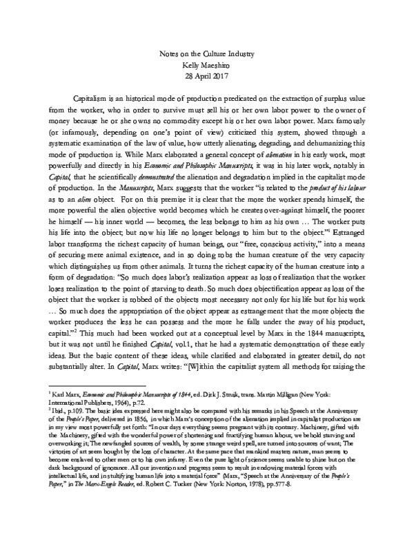 (PDF) Notes on the Culture Industry A Review of Adorno and Horkheimer