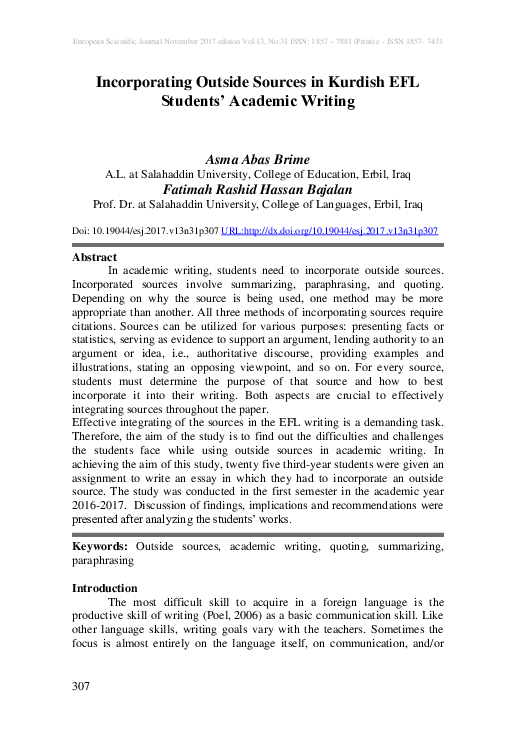(PDF) Incorporating Outside Sources in Kurdish EFL Students' Academic ...