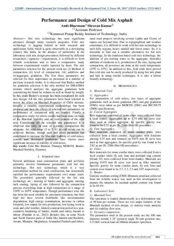 (PDF) Performance and Design of Cold Mix Asphalt IJSRD