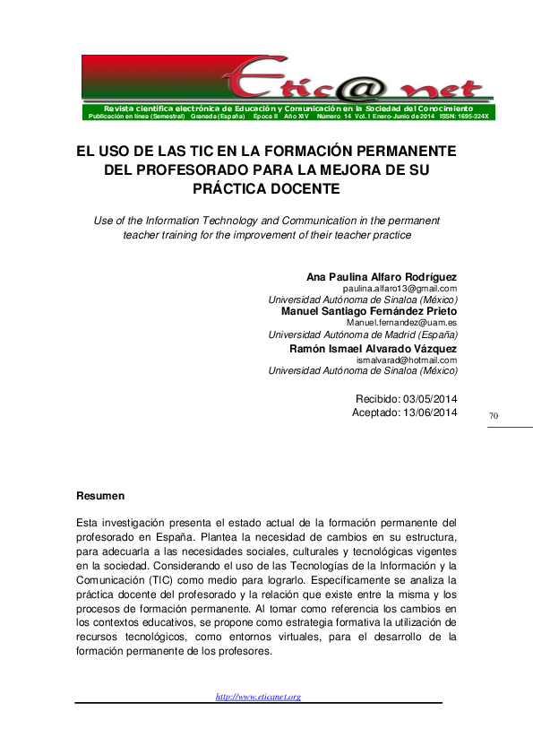 (PDF) EL USO DE LAS TIC EN LA FORMACIÓN PERMANENTE DEL PROFESORADO PARA ...