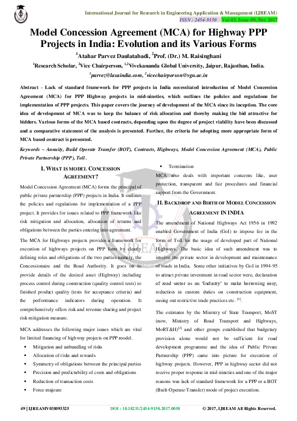 PDF) Model Concession Agreement (MCA) for Highway PPP Projects in 