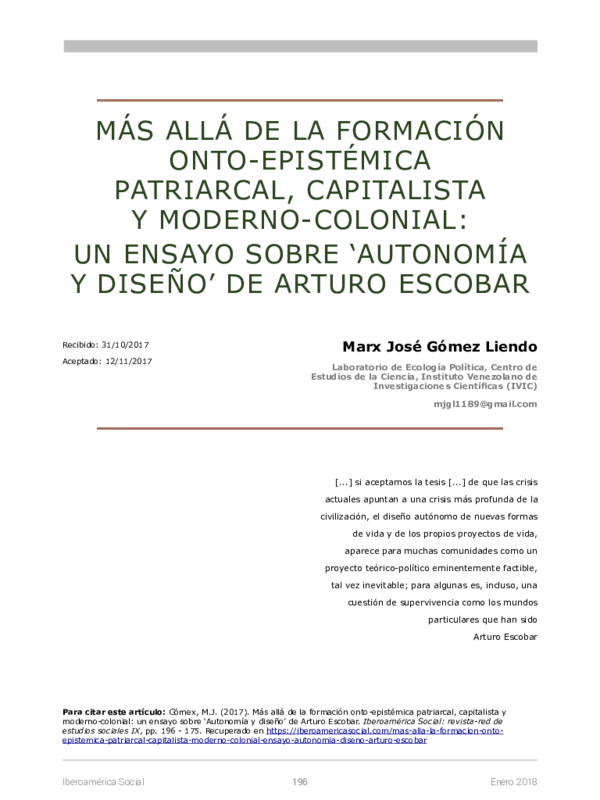 Más allá de la formación onto-epistémica patriarcal, capitalista y moderno-colonial: Un ensayo sobre ‘Autonomía y Diseño’ de Arturo Escobar