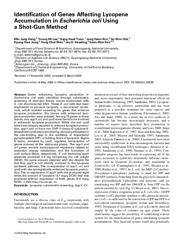 (PDF) Identification of genes affecting lycopene accumulation inEscherichia coli using a shot