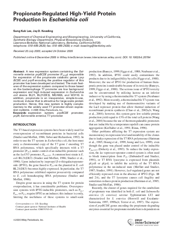 (PDF) Propionateregulated highyield protein production inEscherichia coli Jay D Keasling