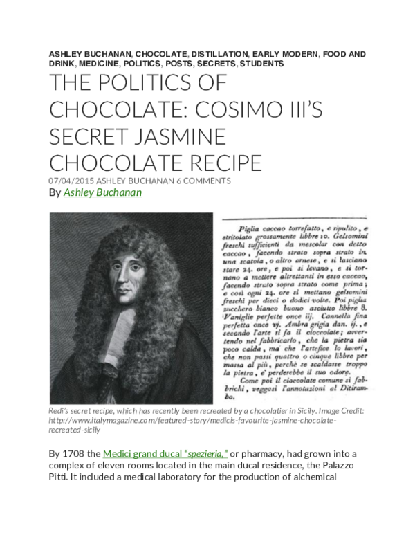 (PDF) The Politics of Chocolate: Cosimo III’S Secret Jasmine Chocolate ...