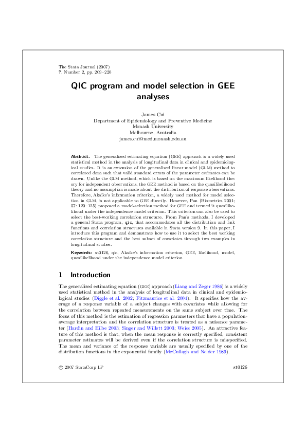(PDF) QIC program and model selection in GEE analyses