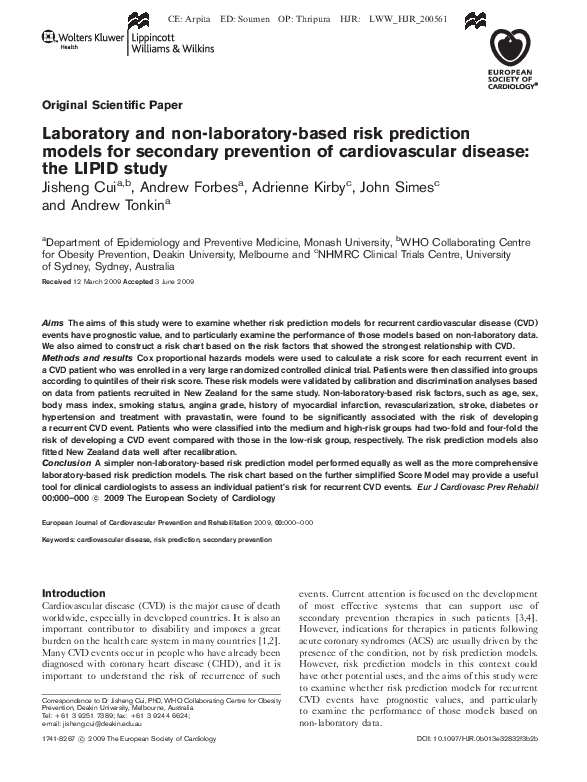 (PDF) Laboratory and nonlaboratorybased risk prediction models for