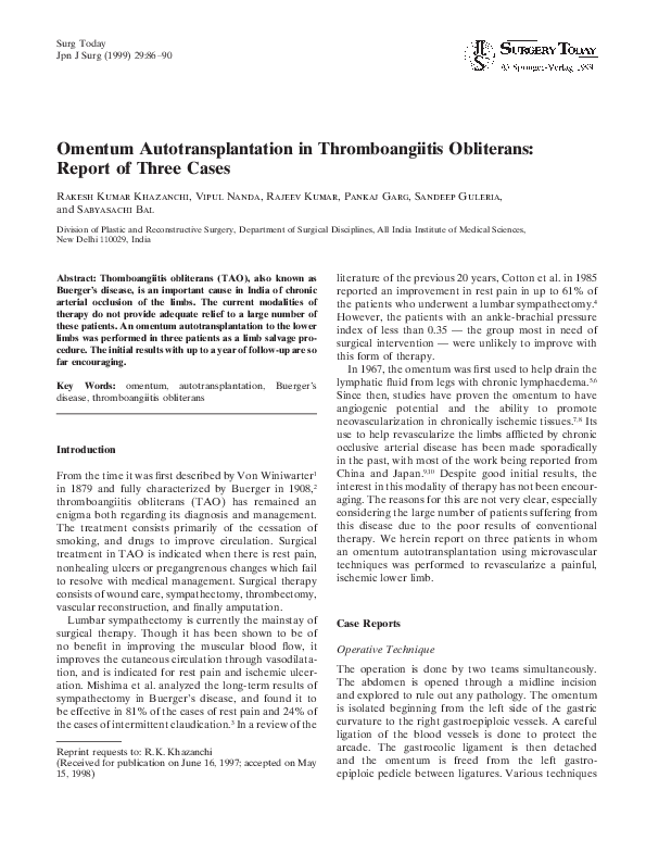 (PDF) Omentum autotransplantation in thromboangiitis obliterans Report