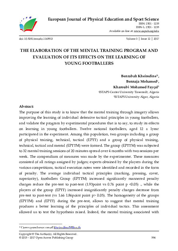 (PDF) THE ELABORATION OF THE MENTAL TRAINING PROGRAM AND EVALUATION OF ...