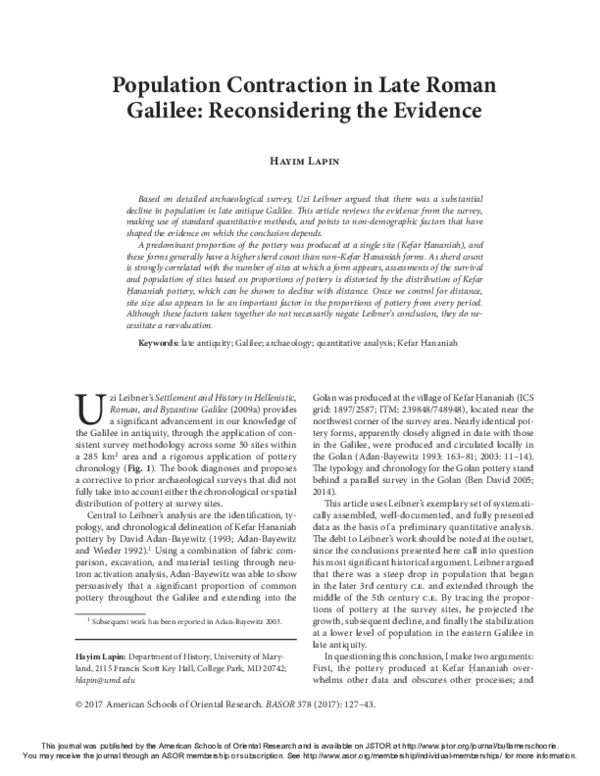 (PDF) Population Contraction in Roman Galilee Reconsidering the