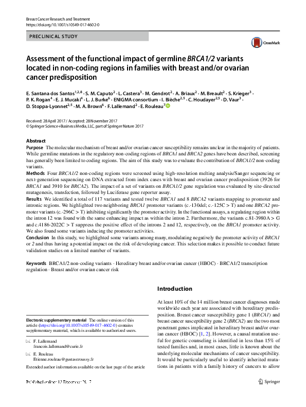 (PDF) Assessment of the functional impact of germline BRCA1/2 variants ...