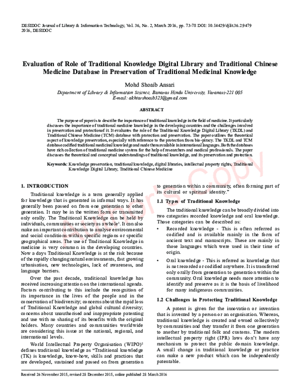 (PDF) Evaluation of Role of Traditional Knowledge Digital Library and ...
