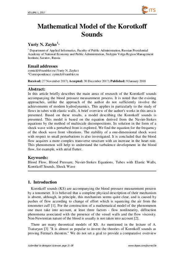 (PDF) Mathematical Model of the Korotkoff Sounds