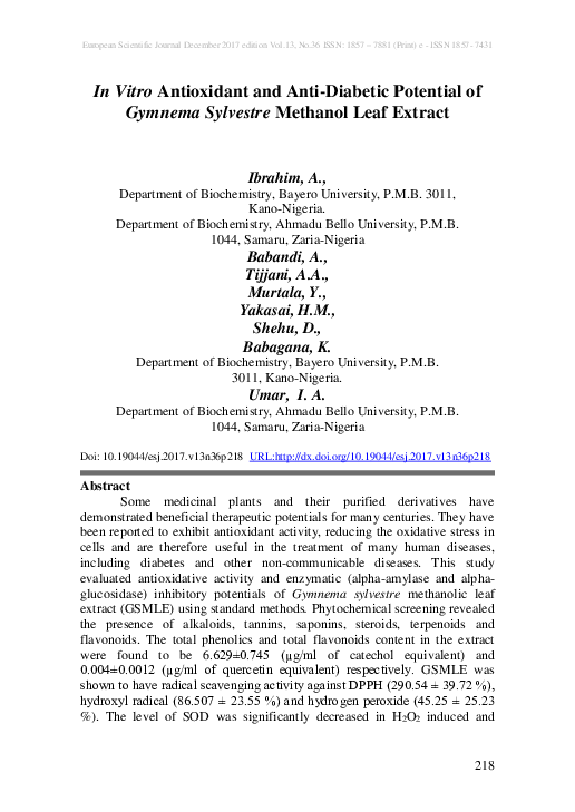 (PDF) In Vitro Antioxidant and Anti-Diabetic Potential of Gymnema ...