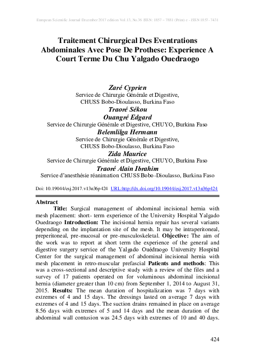 (PDF) Traitement Chirurgical Des Eventrations Abdominales Avec Pose De ...