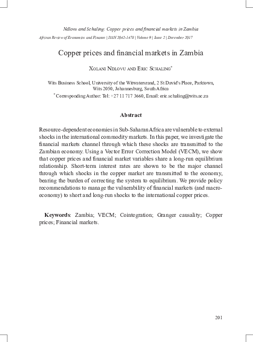(PDF) Copper prices and financial markets in Zambia Xolani Ndlovu