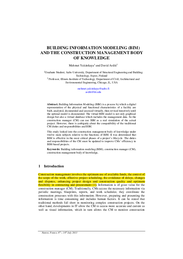 (PDF) BUILDING INFORMATION MODELING (BIM) AND THE CONSTRUCTION
