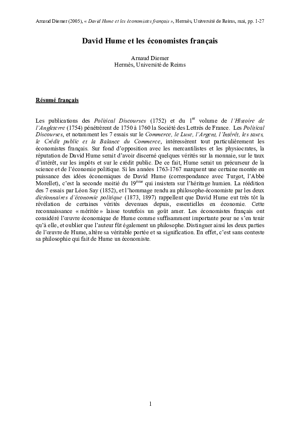 (PDF) David Hume et les économistes français arnaud diemer Academia.edu