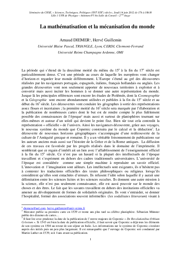 (PDF) La mathématisation et la mécanisation du monde