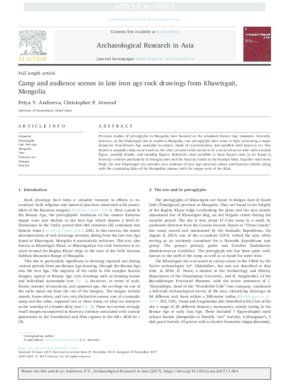 First page of “Camp and audience scenes in late iron age rock drawings from Khawtsgait, Mongolia”