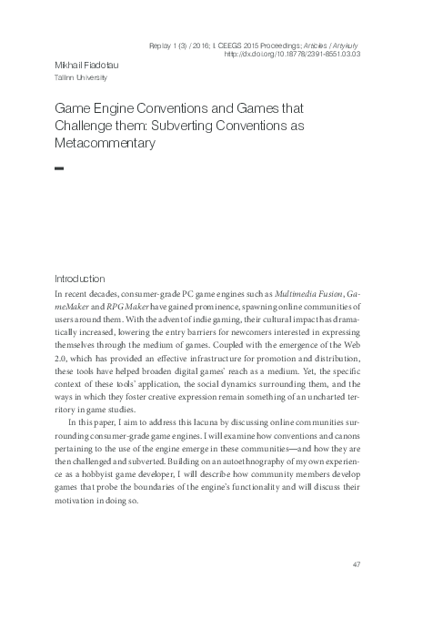 (PDF) Game Engine Conventions and Games that Challenge them: Subverting ...