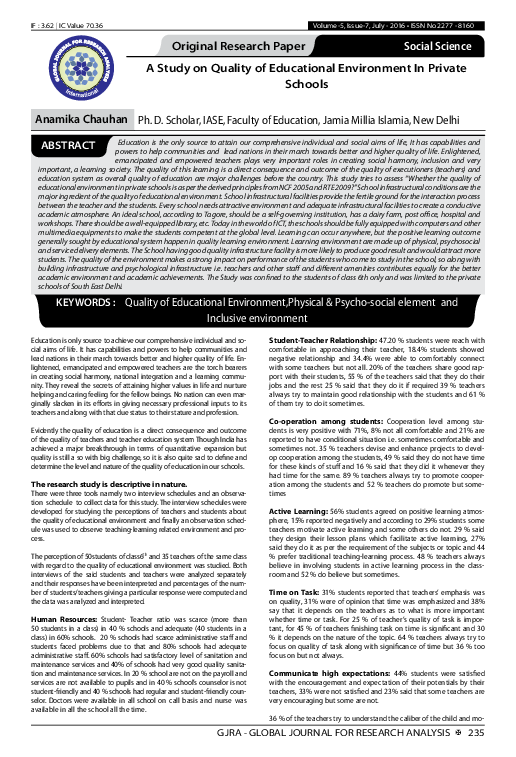 (PDF) A Study on Quality of Educational Environment In Private Schools
