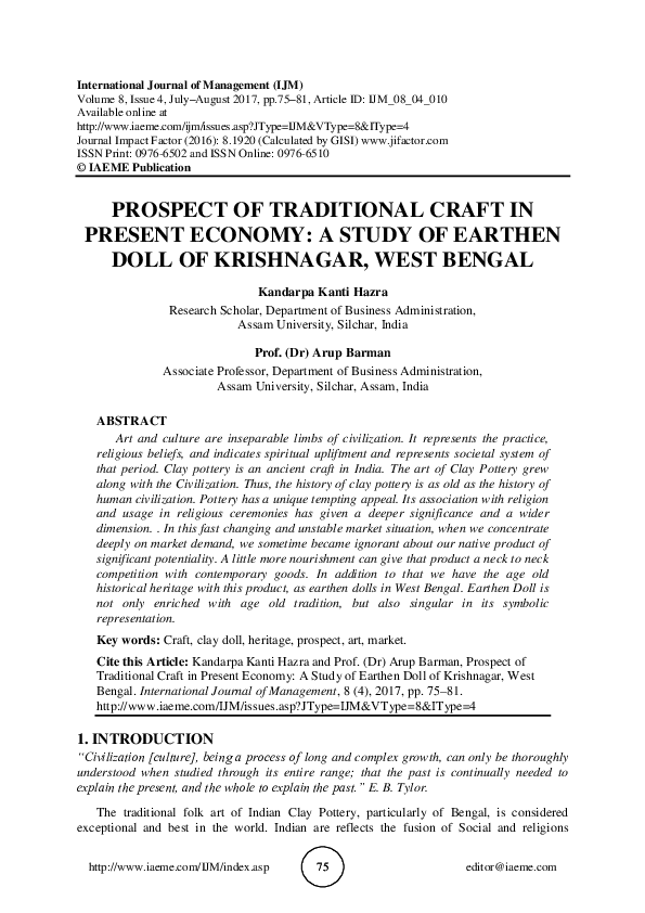 (PDF) PROSPECT OF TRADITIONAL CRAFT IN PRESENT ECONOMY A STUDY OF