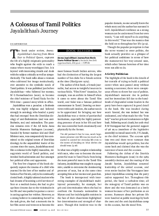 PDF) Book Review : Jayalalithaa : A Colossus of Tamil ...