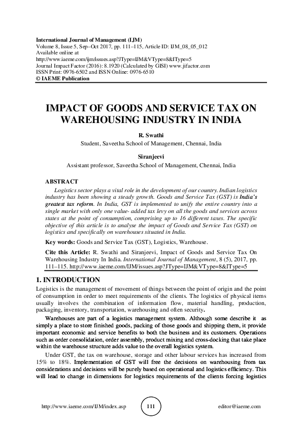(PDF) IMPACT OF GOODS AND SERVICE TAX ON WAREHOUSING INDUSTRY IN INDIA