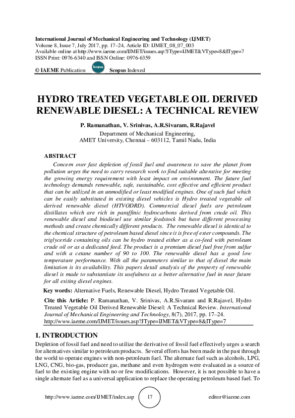 (PDF) HYDRO TREATED VEGETABLE OIL DERIVED RENEWABLE DIESEL A TECHNICAL