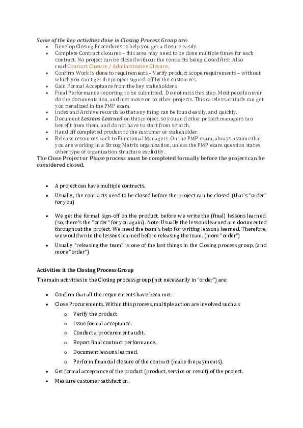 (DOC) Some of the key activities done in Closing