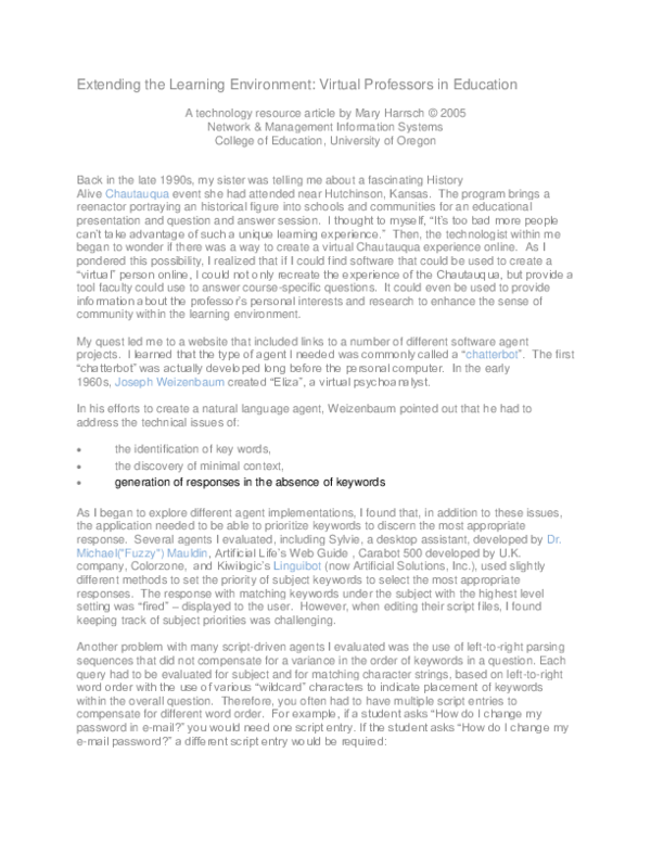 (PDF) Extending the Learning Environment: Virtual Professors in Education