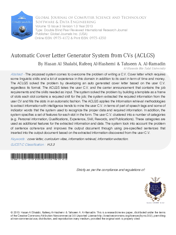 (PDF) Automatic Cover Letter Generator System from CVs (ACLGS) Automatic Cover Letter Generator