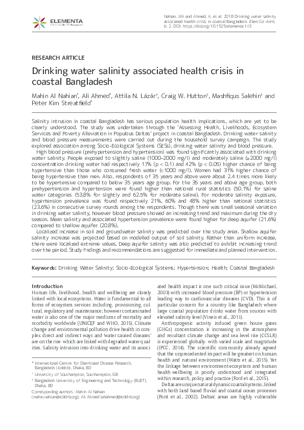 (PDF) Drinking water salinity associated health crisis in coastal
