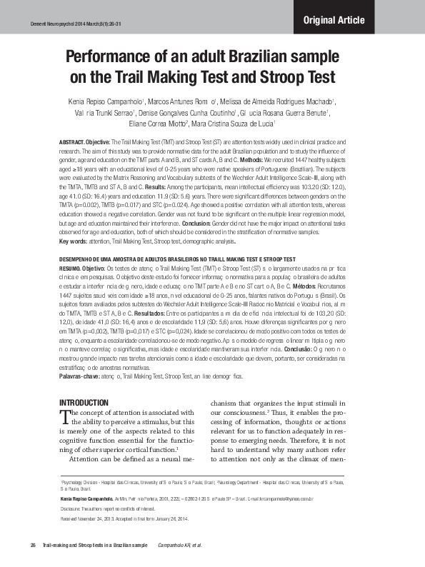 (PDF) Performance of an adult Brazilian sample on the Trail Making Test ...