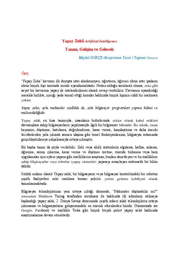 (PDF) Yapay Zekâ Artificial Intelligence Tanım, Gelişim ve Gelecek
