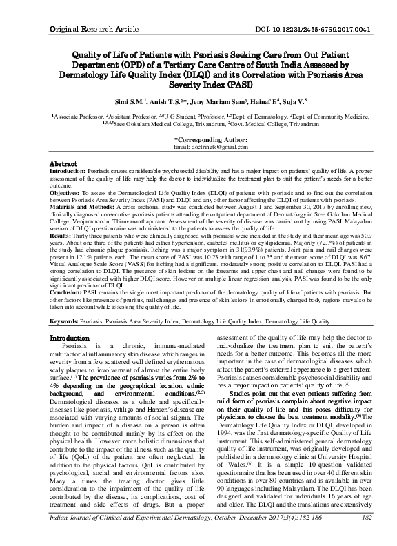(PDF) Quality of Life of Patients with Psoriasis Seeking Care from Out ...