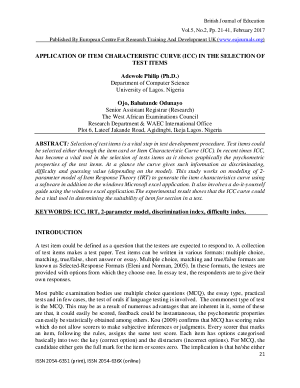 (PDF) APPLICATION OF ITEM CHARACTERISTIC CURVE (ICC) IN THE SELECTION ...