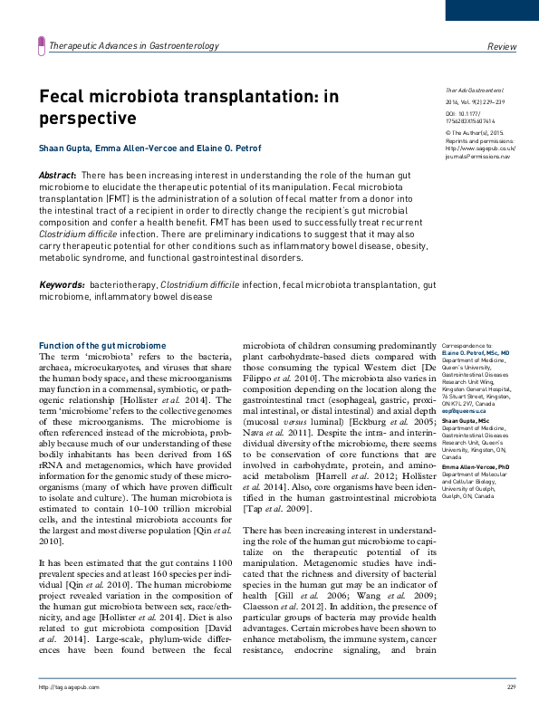 (PDF) Fecal microbiota transplantation in perspective