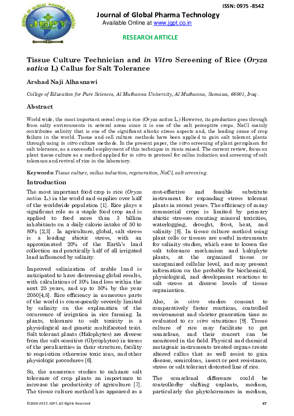 (PDF) Tissue Culture Technician and in Vitro Screening of Rice (Oryza