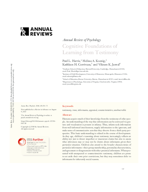 (PDF) Cognitive Foundations of Learning from Testimony