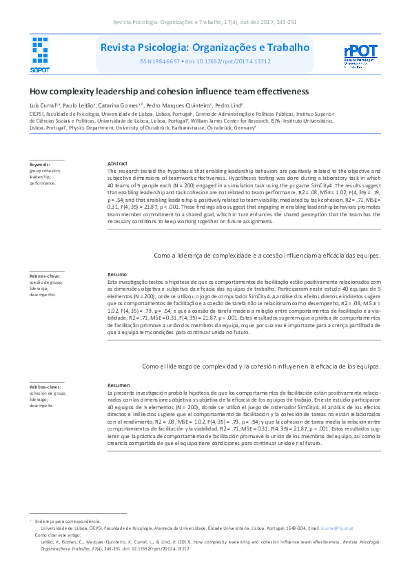 (PDF) How complexity leadership and cohesion influence team effectiveness