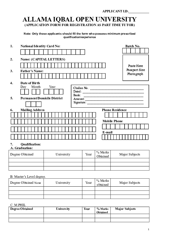 Doc Allama Iqbal Open University Application Form For Registration As Part Time Tutor Sundas Shahzad Academia Edu