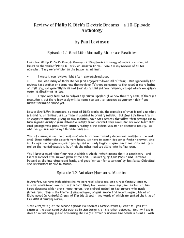 (PDF) 10 reviews of Philip K. Dick's Electric Dreams Paul Levinson
