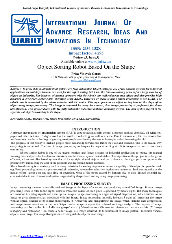(PDF) Object Sorting Robot Based On the Shape