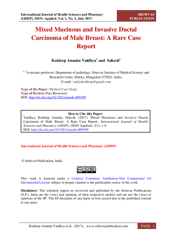 (PDF) Mixed Mucinous and Invasive Ductal Carcinoma of Male Breast: A ...