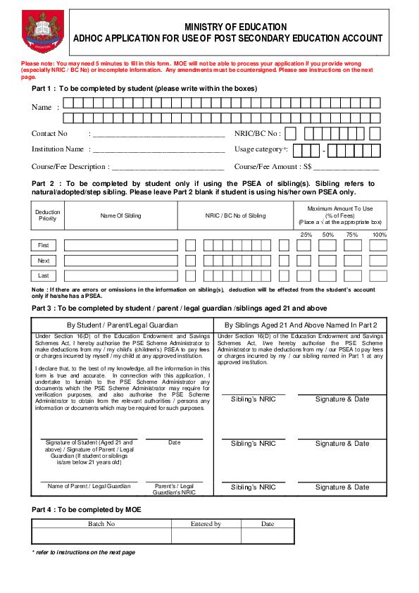(PDF) MINISTRY OF EDUCATION ADHOC APPLICATION FOR USE OF POST SECONDARY EDUCATION ACCOUNT