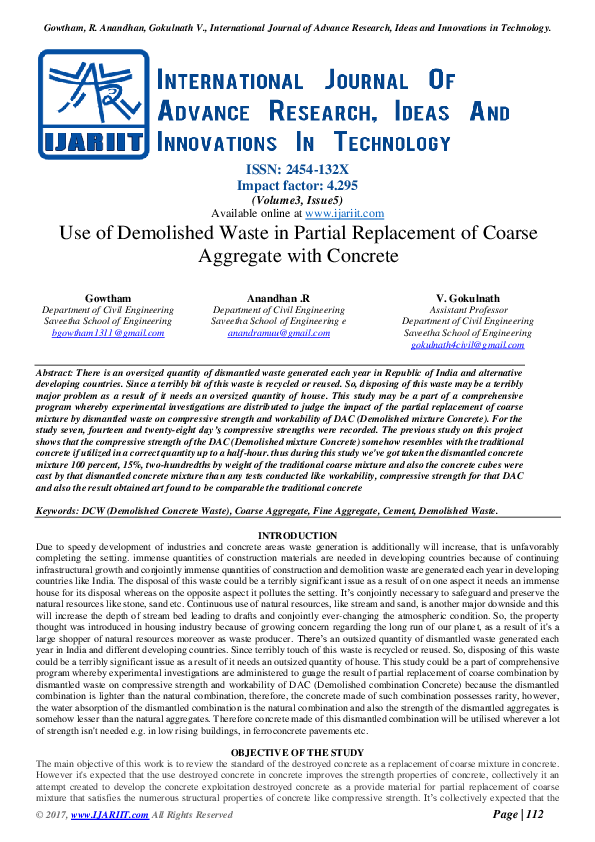 (PDF) Use of Demolished Waste in Partial Replacement of Coarse ...