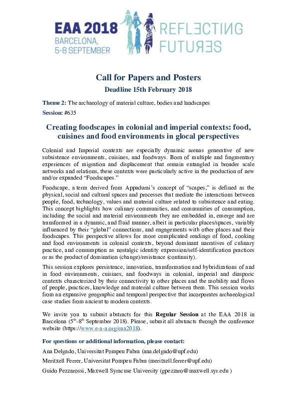 (PDF) EAA 2018 call for papers - Creating foodscapes in colonial and ...